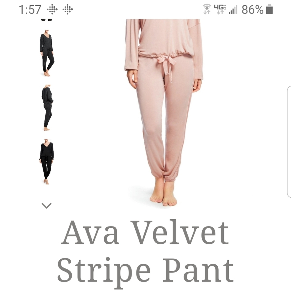 Velvet lounge bottoms and body wash.